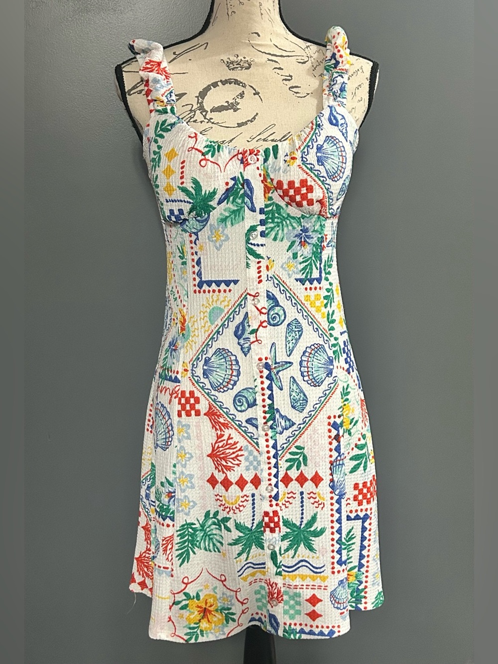 Coastal Seashell Tropical Button Front Dress